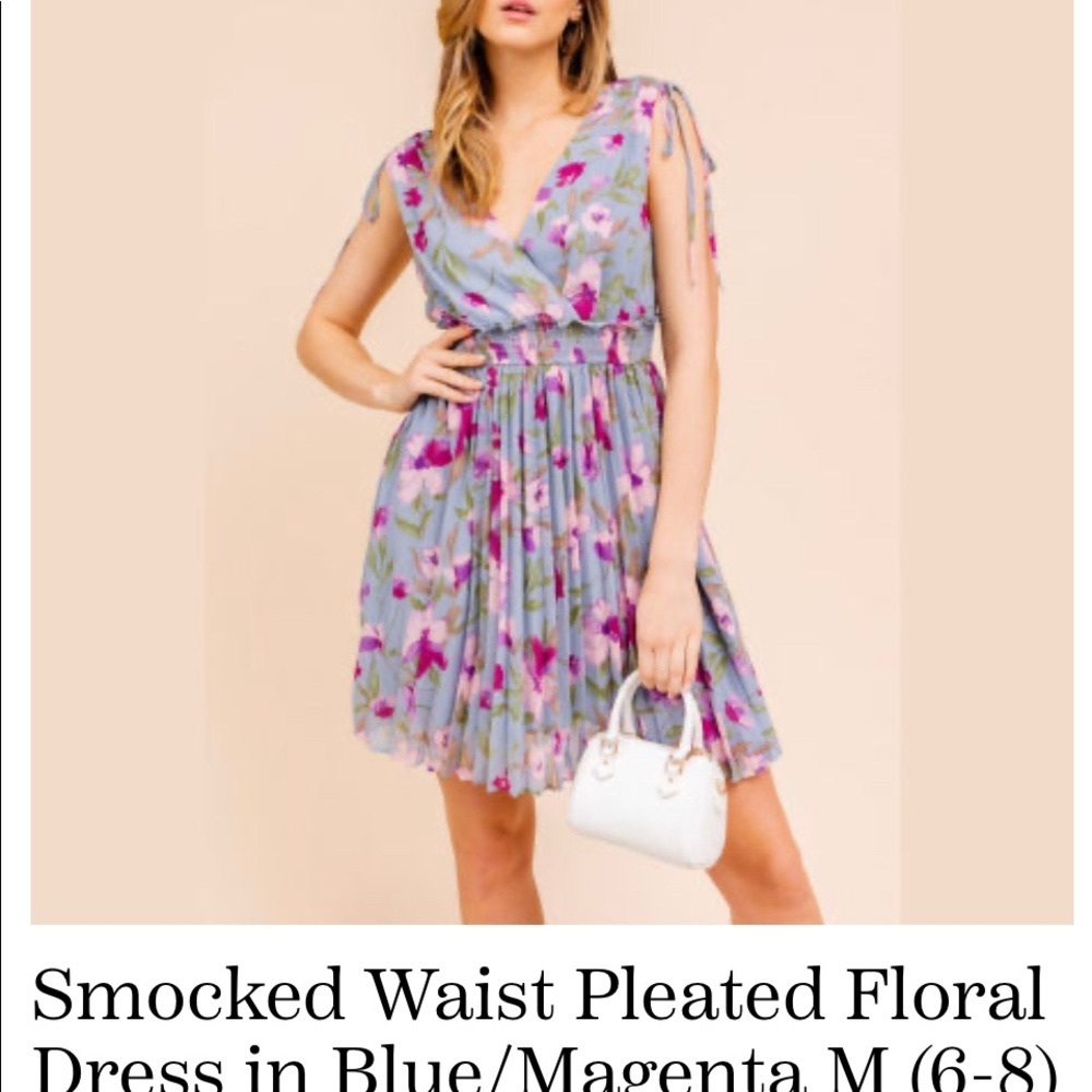 Gilli Medium Smocked Waist pleated Floral dress. Blue/Magenta